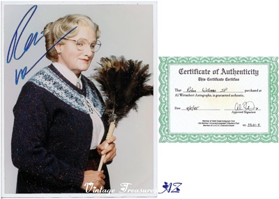 Mrs Doubtfire Robin Williams Autographed Photograph + COA Hand-signed Color  Movie Still Famous “Feather Duster” Image (Certificate of Authenticity)